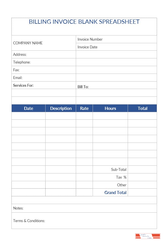 Billing Invoice Blank Spreadsheet Template PSD template